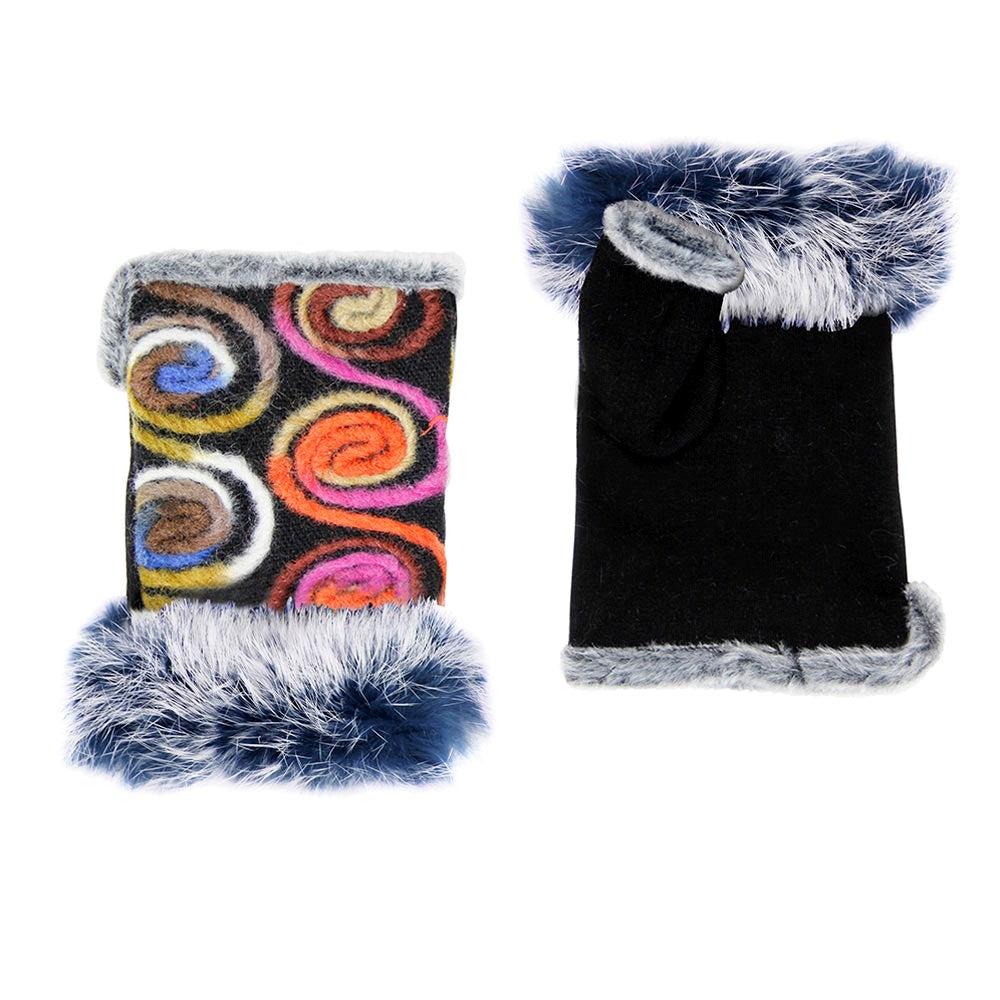 Navy MultiColor Embroidery Fingerless Gloves Faux Fur Wrist Fingerless Gloves, gives your look so much eye-catching texture adorned Faux Fur cuffs, very fashionable, attractive, cute looking in winter season, comfy mitts will allow you to use your phone easily. Perfect Gift Birthday, Holiday, Christmas, Anniversary, etc