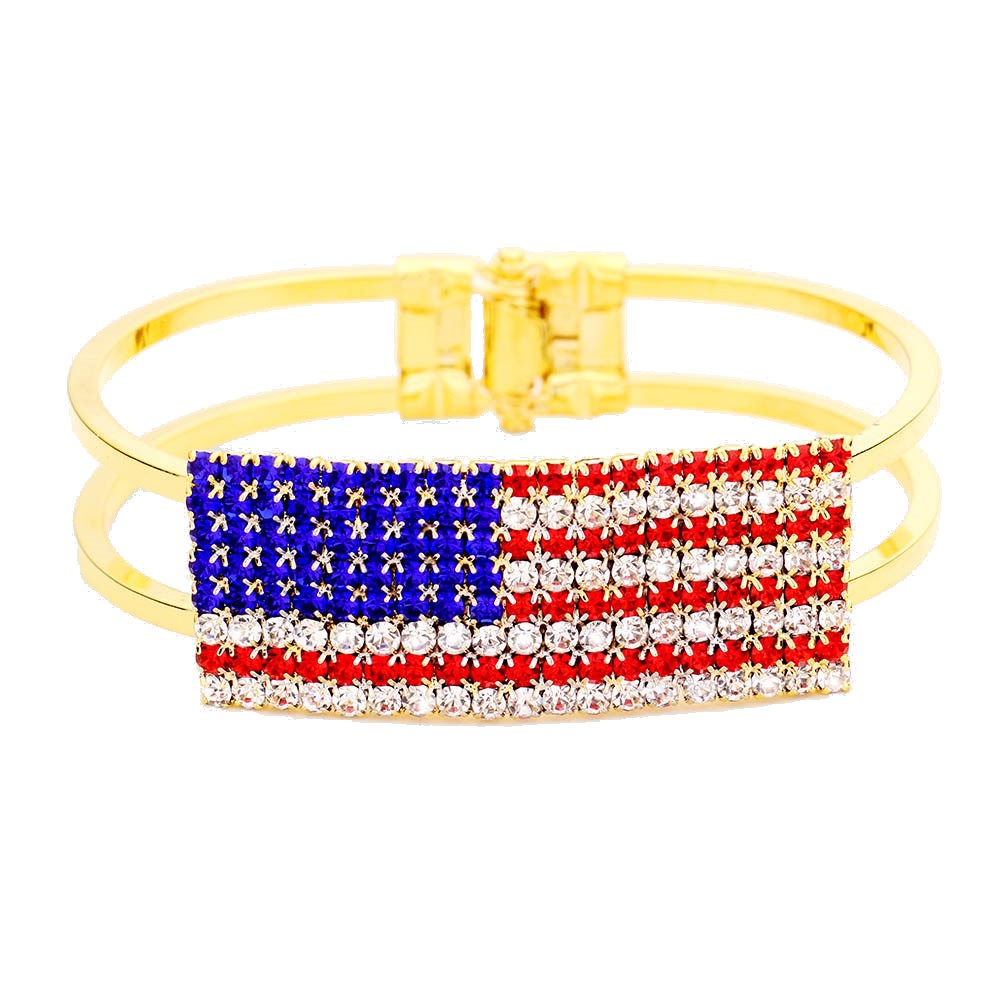 Red, White & Blue Crystal Pave American Flag Hinged Bracelet, add a statemnt to your outfit with this beautiful accessory. It’s set in beautiful crystal stones in our patriotic vibrant colors. Perfect of any time day/night, ideal for election day, national holidays, show your love for this country with some sparkle. 