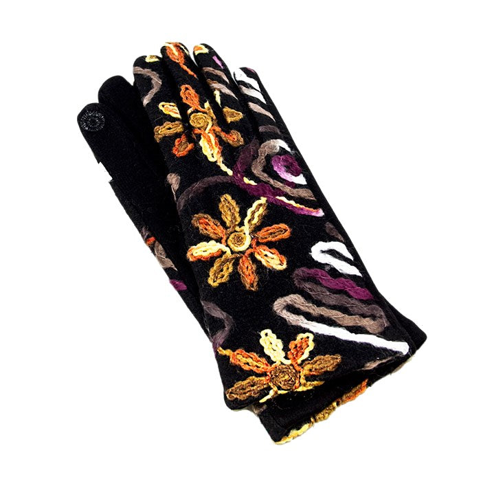 Multi Yarn Color Flower Embroidery Warm Gloves, gives your look so much eye-catching texture with these floral adorned gloves on a cozy faux suede, very fashionable, attractive, cute looking in winter season, these warm accessories allow you to use your phones w/ ease. Perfect Gift! Black, Brown, Teal