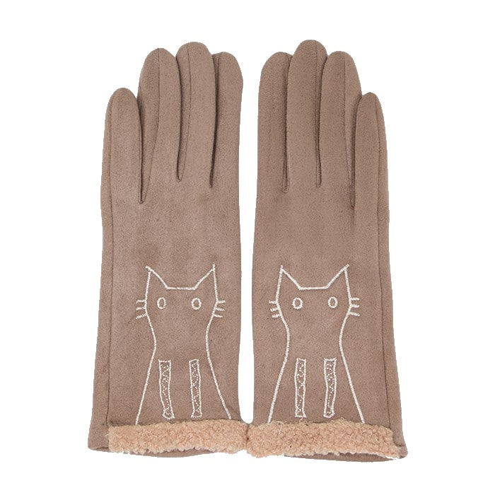 Beige Faux Suede Embroidery Cat Detail Solid Smart Touch Gloves Women’s Cat Detail Gloves Kitty Cat Stretch Fit Texting & Tech Touchscreen Gloves kitty cat themed stretch fit gloves Cat Faux Suede Gloves