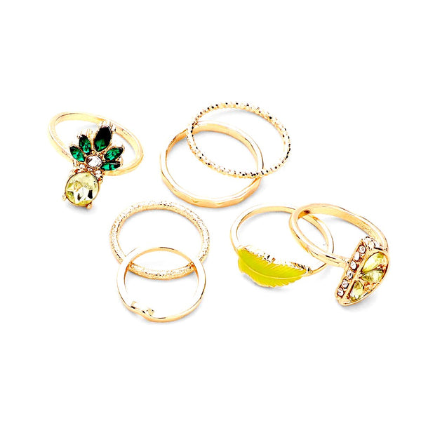  7Pc Set - Crystal Teardrop Orange, Enamel Leaf, Pineapple, Metal Rings, add a sweet treat to your look, this set of rings will show your tropical and fruity side ideal for any summer get together and embrace the beauty of nature and add the perfect pop of detail to your look. • Color: Gold • Theme : Flower & Leaf, Fruits/Food   • Size : 0.1" H - 0.7" H