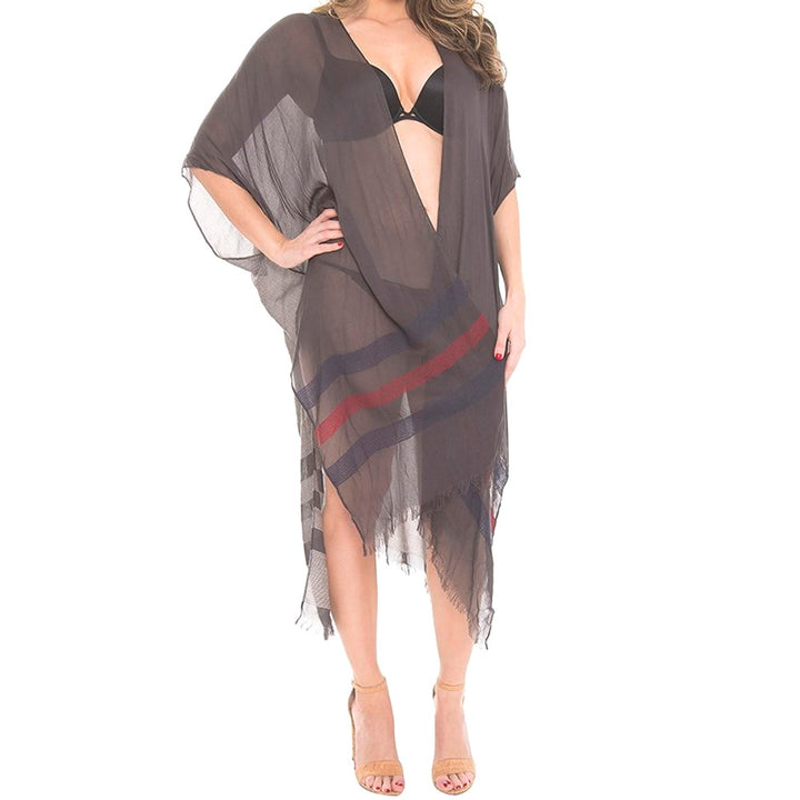 Two Tone Line Long Cover-up Cardigan Poncho Kimono, Beach/Poolside chic is made easy with this lightweight cover-up featuring tonal line & a relaxed silhouette, look perfectly breezy & laid-back as you head to the beach. An accessory easy to pair with so many tops, elevating any casual outfit! Perfect Gift! 