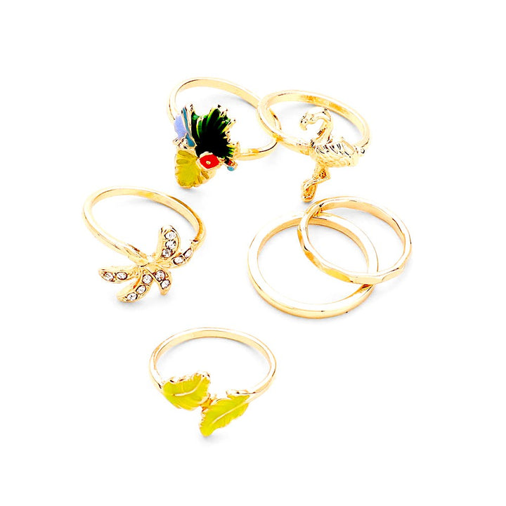 6pc Set - Crystal Embellished Flamingo Floral Leaf Metal Rings, add a sweet treat to your look, this set of rings will show your tropical and fruity side ideal for any summer get together and embrace the beauty of nature and add the perfect pop of detail to your look. • Color: Gold • Theme: Animal, Flamingo, Flower/Leaf, Fruits/Food • Size : 0.1" H - 0.7" H