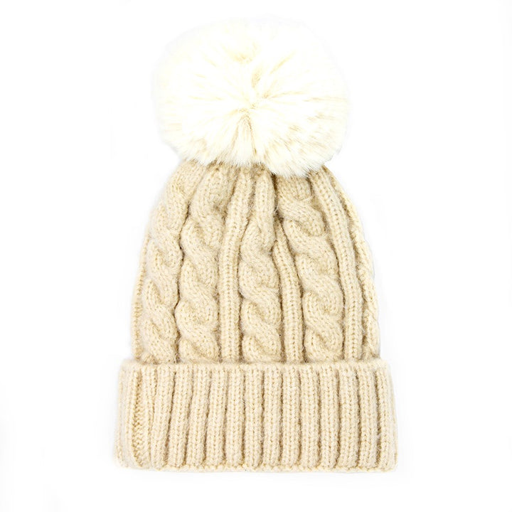 Chunky Warm Cable Knit Pom Pom Solid Beanie Winter Hat, accessorize the fun way with this faux fur pom pom knit hat, the autumnal touch you need to finish your outfit in style. Keep warm, be trendy; Great winter gift accessory! Gray, Beige, Black, Burgundy, Green, Ivory, Mustard, Navy, Pink, Red; One Size; 100% Acrylic