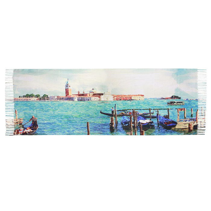 Watercolor Painting of Boats on The River Printed Scarf, the perfect accessory, luxurious, super soft wrap, keeps you warm and toasty. Throw it on over many pieces to elevate any casual outfit! Birthday Gift, Christmas Gift, Anniversary Gift, Regalo Navidad, Regalo Cumpleanos, Regalo Dia del Amor, Valentine's Day Gift
