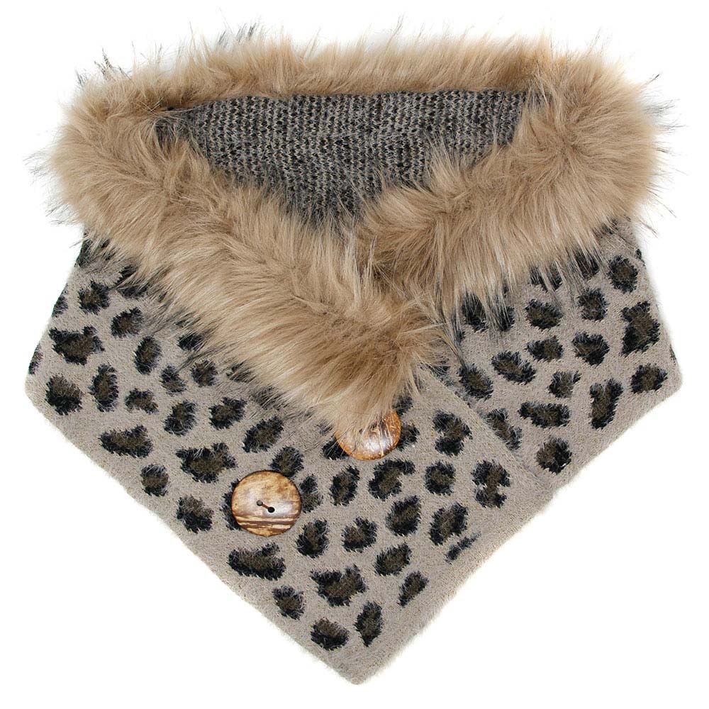 Leopard Faux Fur Chenille Triangle Tube Scarf with Button Details, warm cozy over the shoulder scarf, plushy addition to any cold-weather ensemble, adds a modern touch to the cozy style with a bold animal print. Put over jacket, jazz up your look. Feel Warm & Stylish; Ideal Gift for holiday; Taupe, Gray, Ivory, Beige; 