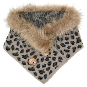 Leopard Faux Fur Chenille Triangle Tube Scarf with Button Details, warm cozy over the shoulder scarf, plushy addition to any cold-weather ensemble, adds a modern touch to the cozy style with a bold animal print. Put over jacket, jazz up your look. Feel Warm & Stylish; Ideal Gift for holiday; Taupe, Gray, Ivory, Beige; 