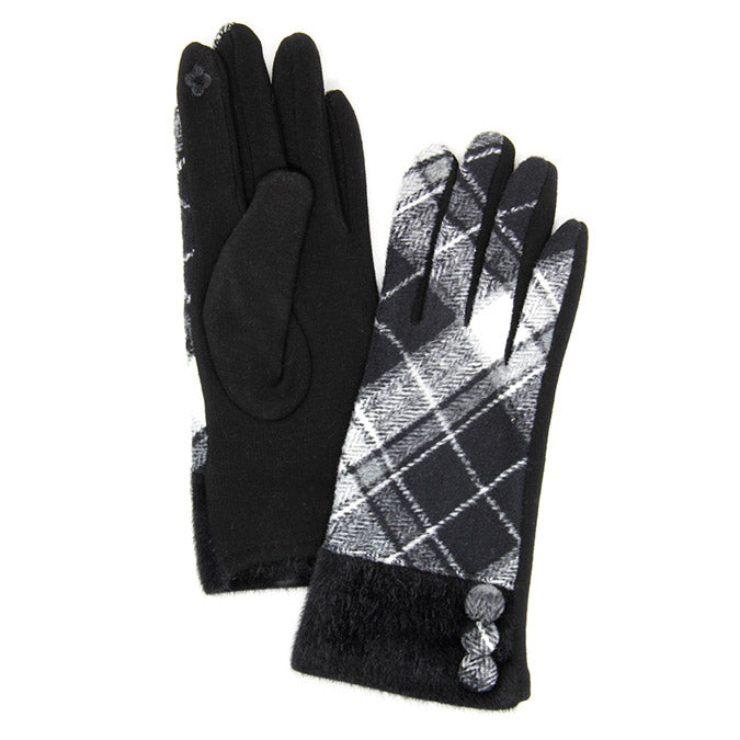 Button Accent Black Faux Fur Cuff Gloves Black Tartan Plaid Gloves Black Tartan Plaid Smart Gloves Black Tartan Plaid Warm Winter Gloves; fashionable, softly brushed poly stretch knit, finished with a hint of stretch for comfort, flexibility, elegant classy look in winter season. Perfect Gift Birthday, Christmas, Stocking Stuffer, Anniversary