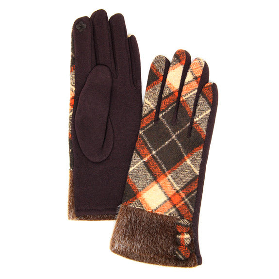 Button Accent Brown Faux Fur Cuff Gloves Brown Tartan Plaid Gloves Brown Tartan Plaid Smart Gloves Brown Tartan Plaid Warm Winter Gloves; fashionable, softly brushed poly stretch knit, finished with a hint of stretch for comfort, flexibility, elegant classy look in winter season. Perfect Gift Birthday, Christmas, Stocking Stuffer, Anniversary