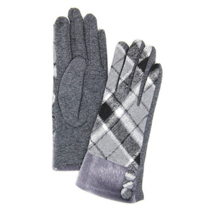 Button Accent Gray Faux Fur Cuff Gloves Gray Tartan Plaid Gloves Gray Tartan Plaid Smart Gloves Gray Tartan Plaid Warm Winter Gloves; fashionable, softly brushed poly stretch knit, finished with a hint of stretch for comfort, flexibility, elegant classy look in winter season. Perfect Gift Birthday, Christmas, Stocking Stuffer, Anniversary