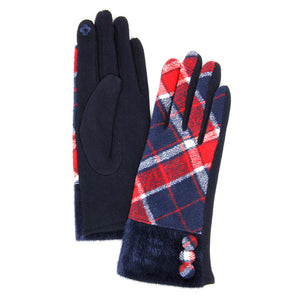 Button Accent Navy Faux Fur Cuff Gloves Navy Tartan Plaid Gloves Navy Tartan Plaid Smart Gloves Navy Tartan Plaid Warm Winter Gloves; fashionable, softly brushed poly stretch knit, finished with a hint of stretch for comfort, flexibility, elegant classy look in winter season. Perfect Gift Birthday, Christmas, Stocking Stuffer, Anniversary