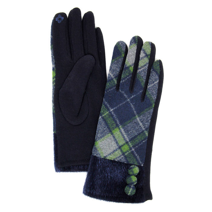 Button Accent Olive Faux Fur Cuff Gloves Olive Tartan Plaid Gloves Olive Tartan Plaid Smart Gloves Olive Tartan Plaid Warm Winter Gloves; fashionable, softly brushed poly stretch knit, finished with a hint of stretch for comfort, flexibility, elegant classy look in winter season. Perfect Gift Birthday, Christmas, Stocking Stuffer, Anniversary