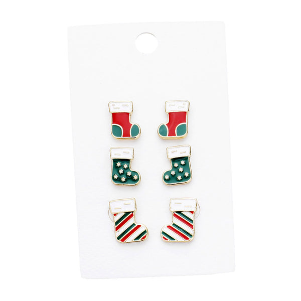 3Pairs Christmas Enamel Santa Stocking Earrings Christmas Stocking Trio Earrings, perfect for the festive season, embrace the Christmas spirit with these cute studs, these adorable 3pack earrings are bound to cause a smile or two. Perfect Gift December Birthday, Christmas, Stocking Stuffer, Secret Santa, BFF, Mom, Sis