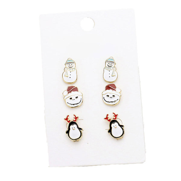 3Pairs - Christmas Enameled Snowman Penguin Earrings Christmas Trio Earrings, studs perfect for the festive season, embrace the Christmas spirit with these cute studs, these adorable 3pack earrings are bound to cause a smile or two. Perfect Gift December Birthday, Christmas, Stocking Stuffer, Secret Santa, BFF, etc