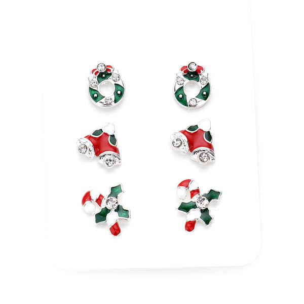 3Pairs Christmas Enamel Wreath Jingle Bell Candy Cane Earrings Trio Stud Earrings, perfect for the festive season, embrace into the Christmas spirit with these cute post studs, these adorable 3pack earrings are bound to cause a smile or two. Perfect Gift December Birthday, Christmas, Stocking Stuffers, Secret Santa, BFF