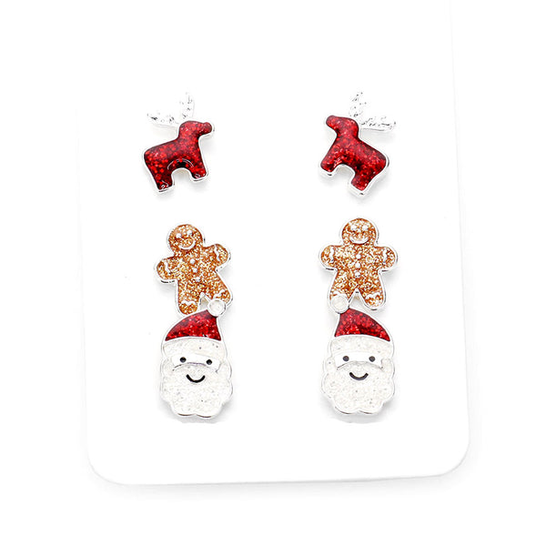 3Pairs Glitter Rudolph Gingerbread Man Santa Claus Earrings Christmas Earrings, perfect for the festive season, embrace into the Christmas spirit with these cute post studs, these adorable 3pack earrings are bound to cause a smile or two. Perfect Gift December Birthday, Christmas, Stocking Stuffers, Secret Santa, BFF