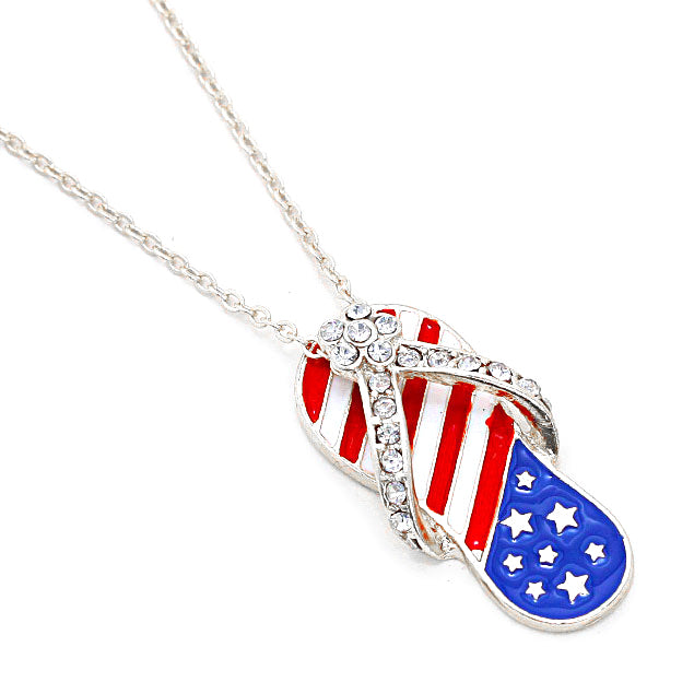 Red, White, Blue Stone & Enameled Mix Flip Flop Pendant Necklace, show your love for our country with this cute patriotic fun flip-flop American Flag necklace. Featuring a bit of fashionable fireworks flair in our nations colors. Great for Election Day, National Holidays, Flag Day, 4th of July, Memorial Day, Labor Day 