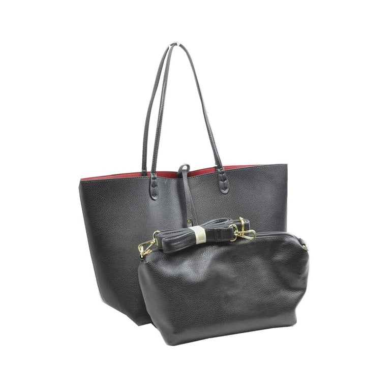 Soft Pebbled Faux Leather Reversible 2in1 Tote, Shoulder Handbag, comes with a coordinating zippered bag, can be used over the shoulder/crossbody. Easy-to-carry is completed with gold-tone hardware; Dimen: 17"x5"x11"; Dark Gray/Blue; Navy/Red; Black/Gray; Red/Black; Double Handle; Detachable bag included; 52″ Adj Strap