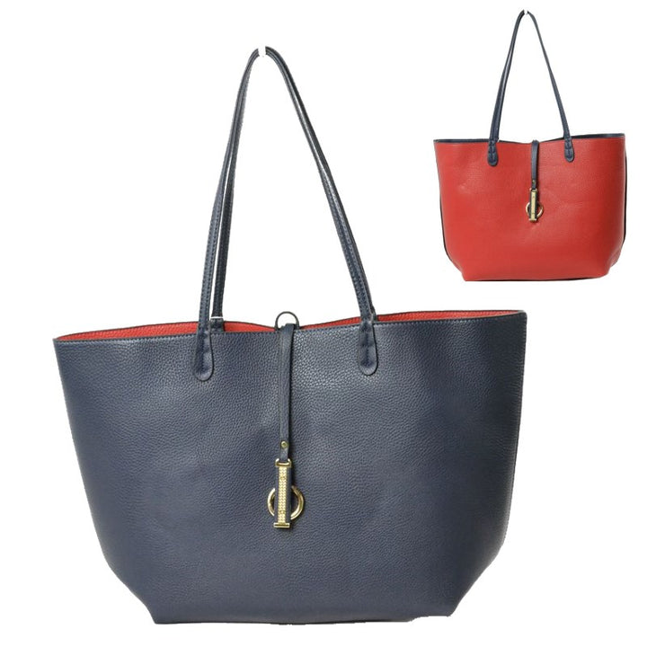 Soft Pebbled Faux Leather Reversible 2in1 Tote, Shoulder Handbag, comes with a coordinating zippered bag, can be used over the shoulder/crossbody. Easy-to-carry is completed with gold-tone hardware; Dimen: 17"x5"x11"; Dark Gray/Blue; Navy/Red; Black/Gray; Red/Black; Double Handle; Detachable bag included; 52″ Adj Strap