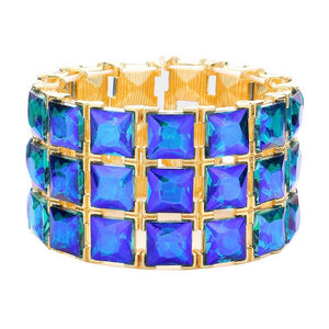 AB Blue 3Rows Square Stone Stretch Evening Bracelet, Get ready with this stretchable Bracelet and put on a pop of color to complete your ensemble. Perfect for adding just the right amount of shimmer & shine and a touch of class to special events. Wear with different outfits to add perfect luxe and class with incomparable beauty. Just what you need to update in your wardrobe.