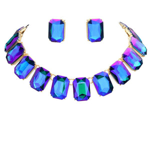 AB Blue Emerald Cut Stone Link Evening Necklace, This gorgeous necklace jewelry set will show your class on any special occasion. The elegance of these stones goes unmatched, great for wearing at a party! stunning jewelry set will sparkle all night long making you shine like a diamond on special occasions. Perfect jewelry to enhance your look and for wearing at parties, weddings, date nights, or any special event. 
