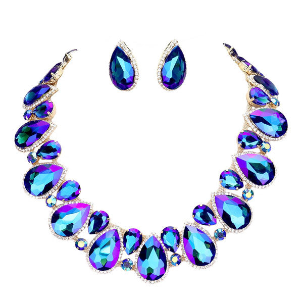 AB Blue Gold Crystal Rhinestone Trim Teardrop Collar Evening Necklace.  Get ready with these Cluster Evening Necklace, put on a pop of color to complete your ensemble. Perfect for adding just the right amount of shimmer & shine and a touch of class to special events. Perfect Birthday Gift, Anniversary Gift, Mother's Day Gift, Graduation Gift. 