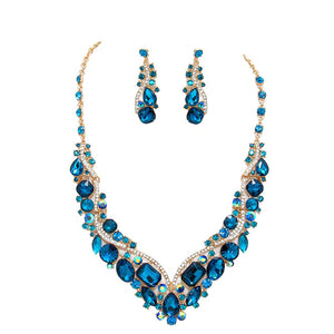 AB Blue Zircon Crystal Inset Necklace matching Earrings Evening Set, dare to dazzle with this bejeweled set designed to accent the neckline and enhance the eyes. Perfect for that LBD, add some glitz and Glamour. Ideal gift for a loved one or yourself. Perfect for a night out, holiday party, special event, wedding, prom, sweet 16
