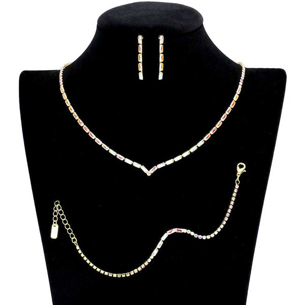 AB Gold 3PCS Chevron Accented Rectangle Stone Necklace Jewelry Set, These Necklace jewelry sets are Elegant. Beautifully crafted design adds a gorgeous glow to any outfit. Get ready with these stone Necklace and a bright Bracelet. Perfect for adding just the right amount of shimmer & shine and a touch of class to special events. Suitable for wear Party, Wedding, Date Night or any special events. Perfect Birthday, Anniversary, Prom Jewelry, Thank you Gift. 