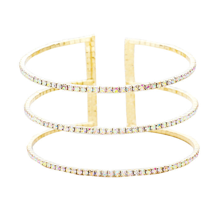 AB Gold 3Row Split Layer Round Crystal Detail Cuff Evening Bracelet, is an awesome evening bracelet to enlighten your outfit on special occasions and make you feel absolutely special. It adds a pop of pretty color to enrich your look. Coordinate with any outfit for a special occasion to make you absolutely gorgeous and make yourself stand out from the crowd. This is the jewelry that you need to show off to attract the crowd on a special occasion and make the moments memorable!