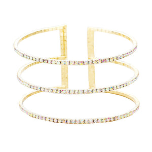 AB Gold 3Row Split Layer Round Crystal Detail Cuff Evening Bracelet, is an awesome evening bracelet to enlighten your outfit on special occasions and make you feel absolutely special. It adds a pop of pretty color to enrich your look. Coordinate with any outfit for a special occasion to make you absolutely gorgeous and make yourself stand out from the crowd. This is the jewelry that you need to show off to attract the crowd on a special occasion and make the moments memorable!