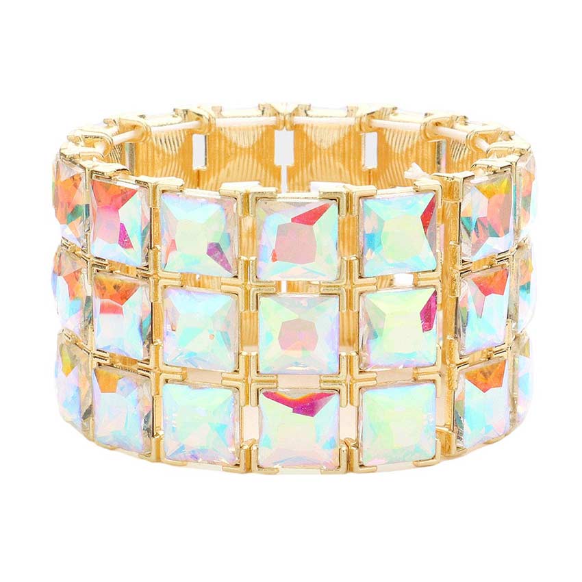 AB Gold 3Rows Square Stone Stretch Evening Bracelet, Get ready with this stretchable Bracelet and put on a pop of color to complete your ensemble. Perfect for adding just the right amount of shimmer & shine and a touch of class to special events. Wear with different outfits to add perfect luxe and class with incomparable beauty. Just what you need to update in your wardrobe.