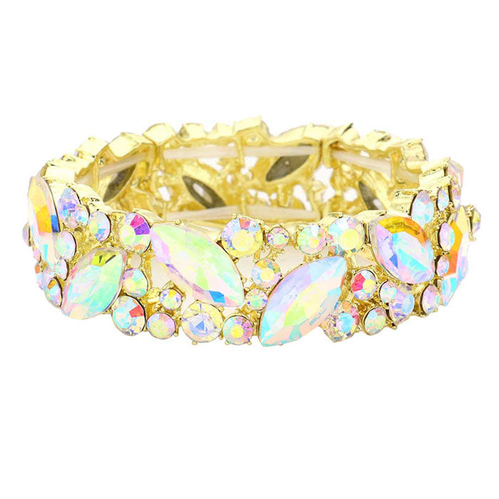 AB Gold Crystal Glass Marquise Evening Stretch Bracelet. This Crystal Evening Stretch Bracelet sparkles all around with it's surrounding, stretch bracelet that is easy to put on, take off and comfortable to wear. It looks modern and is just the right touch to set off. Perfect jewelry to enhance your look. Awesome gift for birthday, Anniversary, Valentine’s Day or any special occasion.