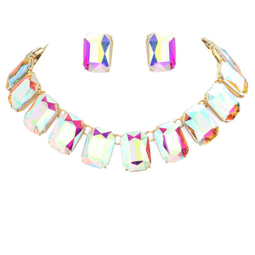 Emerald Cut Stone Link Evening Necklace Earring Set - ABGold