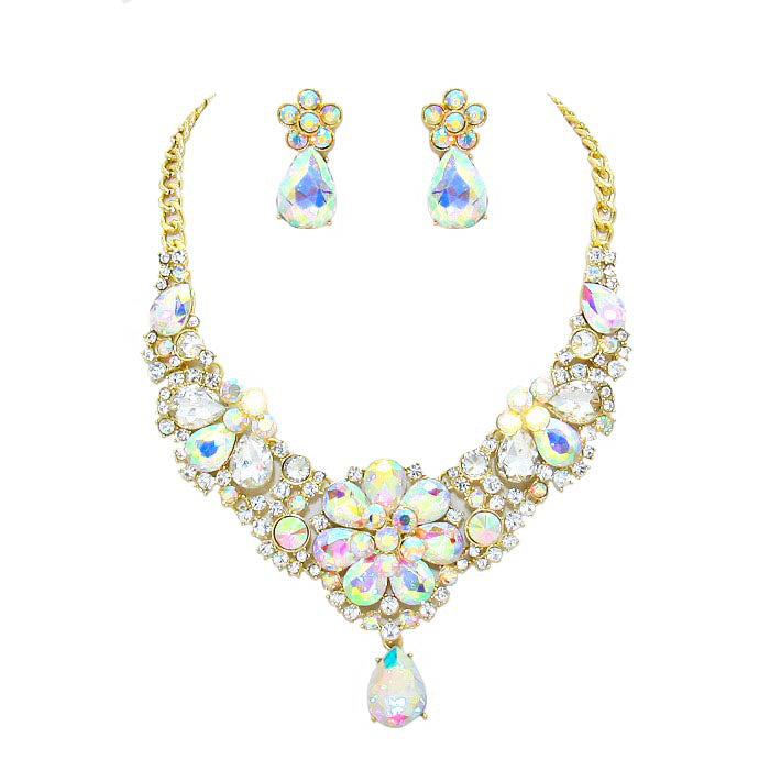 AB Gold Floral Crystal Rhinestone Evening Necklace, is a stunning jewelry set that will sparkle all night long making you shine out like a diamond. This awesome jewelry set will make you stand out from the crowd on any special occasion and show your perfect class. A piece of perfect jewelry set for a night out on the town or a black tie party, baby showers, weddings, birthdays, receptions, or any other special occasion.