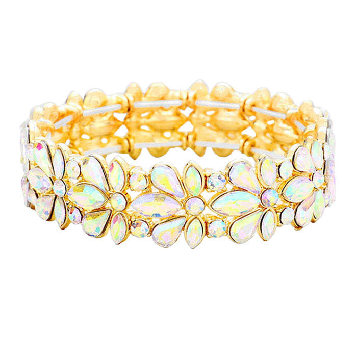 AB Gold Floral Crystal Stretch Evening Bracelet, This flower detailed Crystal stunning stretch bracelet is sure to get you noticed, adds a gorgeous glow to any outfit. Jewelry that fits your lifestyle! perfect for a night out on the town or a black tie party, ideal for Special Occasion, Prom or an Evening out. Awesome gift for birthday, Anniversary, Valentine’s Day or any special occasion.