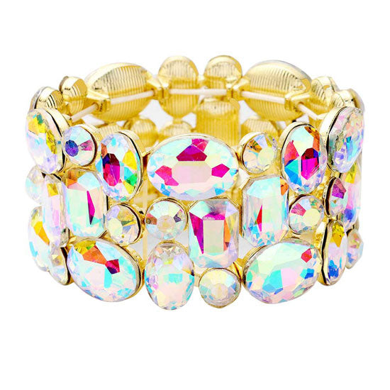 AB Gold Glass Crystal Stretch Evening Bracelet. This Evening Bracelet sparkles all around with it's surrounding round stones, stylish evening bracelet that is easy to put on, take off and comfortable to wear. It looks stylish and is just the right touch to set off your dress. Suitable for Night Out, Party, Formal, Special Occasion, Date Night, Prom.