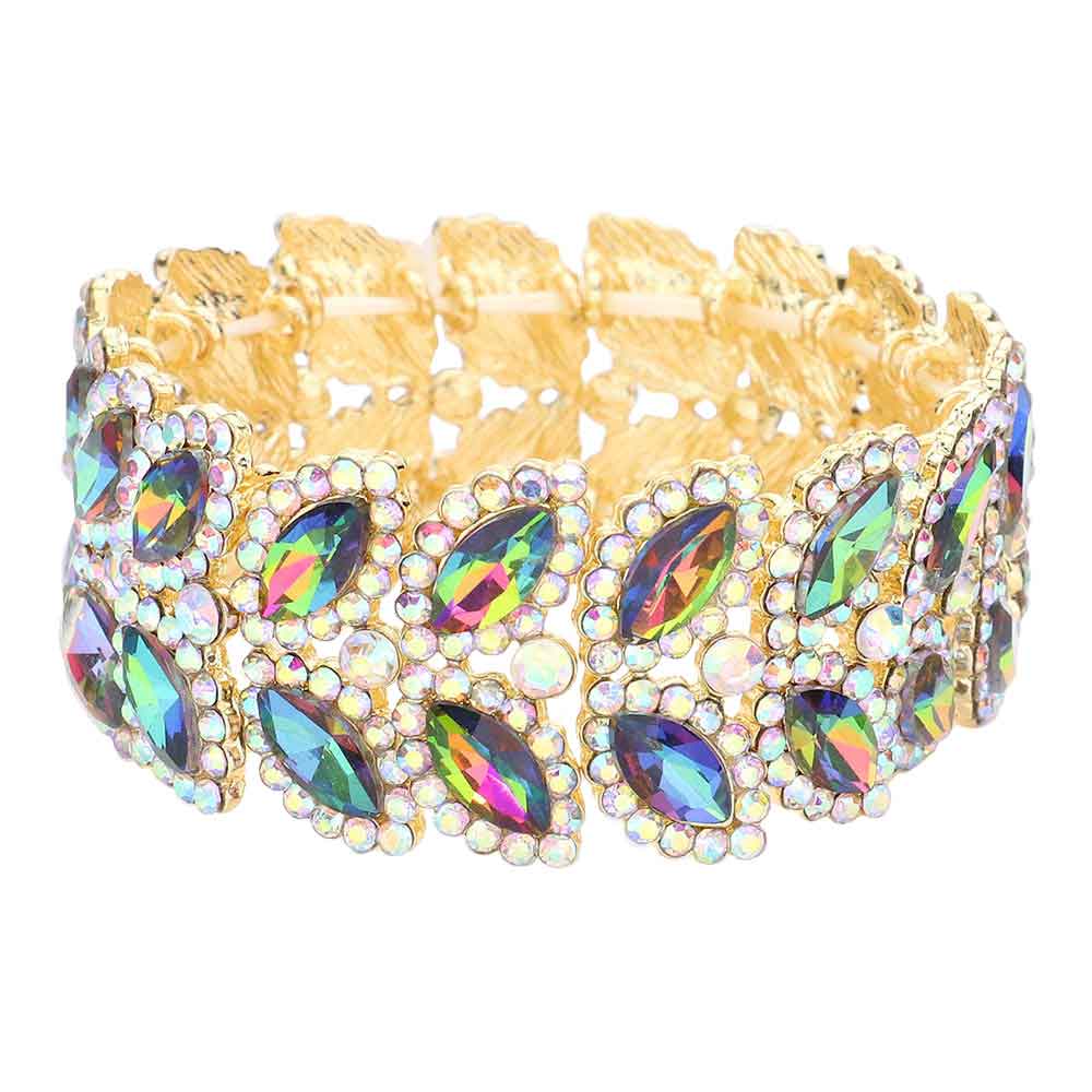 AB Gold Green Marquise Stone Embellished Stretch Evening Bracelet, This Marquise Stretch Bracelet sparkles all around with it's surrounding round stones, stylish stretch bracelet that is easy to put on, take off and comfortable to wear. It looks modern and is just the right touch to set off LBD. Perfect jewelry to enhance your look. Awesome gift for birthday, Anniversary, Valentine’s Day or any special occasion.