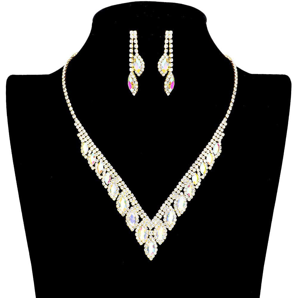 AB Gold Marquise Stone Accented Rhinestone Necklace. These gorgeous Rhinestone pieces will show your class on any special occasion. The elegance of these rhinestones goes unmatched, great for wearing at a party! Perfect for adding just the right amount of glamour and sophistication to important occasions.