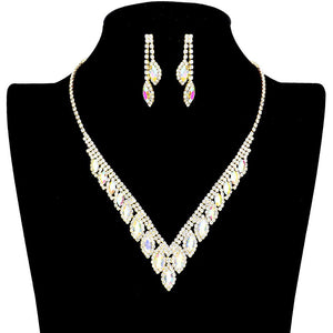 AB Gold Marquise Stone Accented Rhinestone Necklace. These gorgeous Rhinestone pieces will show your class on any special occasion. The elegance of these rhinestones goes unmatched, great for wearing at a party! Perfect for adding just the right amount of glamour and sophistication to important occasions.