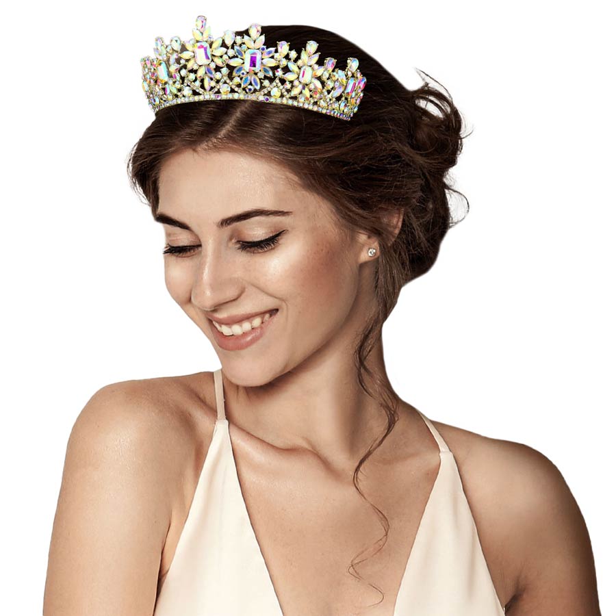 AB Gold Multi Stone Embellished Princess Tiara, This elegant shining Stone design, makes you more charming. A stunning embellished Tiara that can be a perfect Bridal Headpiece. This tiara features precious stones and an artistic design. Makes You More Eye-catching in the Crowd. This unique Hair Jewelry is suitable for any special occasion to add a luxe, attraction, and a perfect touch of class.