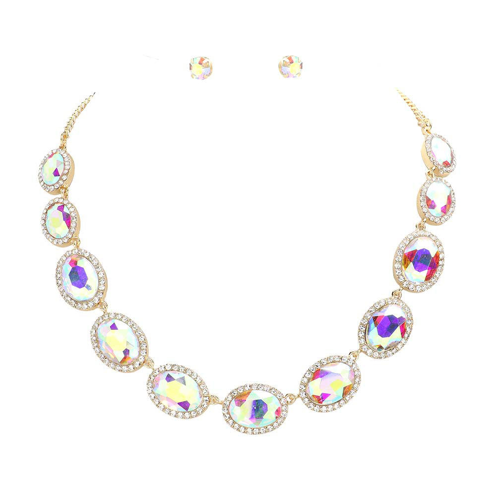 AB Gold Oval Stone Link Evening Necklace, this gorgeous jewelry set will show your class on any special occasion. The elegance of these stones goes unmatched, great for wearing on any special occasion! Stunning jewelry set will sparkle all night long making you shine like a diamond on special occasions.