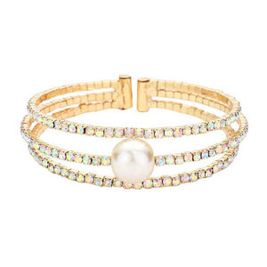 AB Gold Pearl Accented Split Rhinestone Evening Cuff Bracelet. These gorgeous rhinestone pieces will show your class in any special occasion. The elegance of these rhinestone goes unmatched, great for wearing at a party! Perfect jewelry to enhance your look. Awesome gift for birthday, Anniversary, Valentine’s Day or any special occasion.