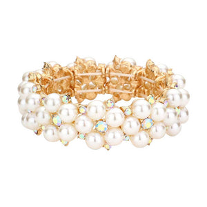 AB Gold Pearl Flower Cluster Link Stretch Bracelet, is the perfect reflection of absolute royalty and perfect class that will amp up your look and drags everyone's attention on special occasions. Show your confidence and trendy choice with this beauty and complete your ensemble with a luxurious look. Perfect for adding just the right amount of shimmer & shine and a touch of class to special events.