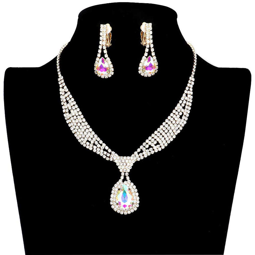 AB Gold Rhinestone Pave Teardrop Collar Necklace & Clip Earring Set, stunning jewelry set will sparkle all night long making you shine out like a diamond. perfect for a night out on the town or a black tie party, Perfect Gift, Birthday, Anniversary, Prom, Mother's Day Gift, Sweet 16, Wedding, Quinceanera, Bridesmaid.