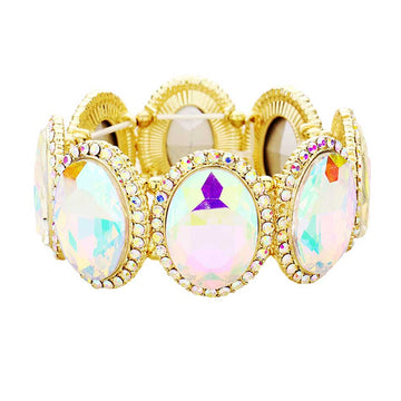 AB Gold Rhinestone Trim Oval Crystal Stretch Evening Bracelet, brings a gorgeous glow to your outfit to show off royalty on any special occasion. It's a perfect beauty that highlights your appearance and grasps everyone's eye on any special occasion. Is a glowing and sparkling beauty that is perfect to show off your glowing look and enrich your beauty to a greater extent.