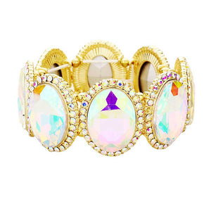 AB Gold Rhinestone Trim Oval Crystal Stretch Evening Bracelet, brings a gorgeous glow to your outfit to show off royalty on any special occasion. It's a perfect beauty that highlights your appearance and grasps everyone's eye on any special occasion. Is a glowing and sparkling beauty that is perfect to show off your glowing look and enrich your beauty to a greater extent. 