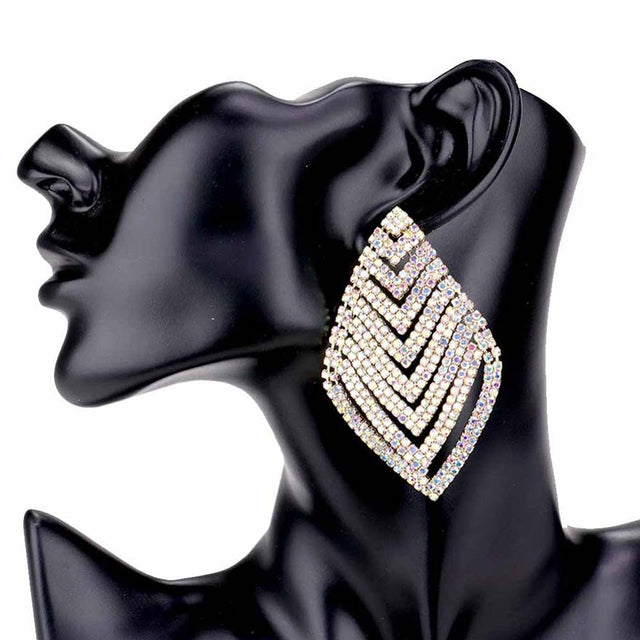 AB Gold Rhinestone V Shape Rhombus Evening Earrings, Elegance becomes your constant companion while wearing these shiny glamorous v-shaped Rhinestone earrings. The perfect sparkling jewelry to add the perfect amount of luxe to your next social or special occasion or event. Coordinate these evening earrings with any ensemble from business casual wear to make you stand out everywhere. Show off your absolute beauty with ultimate luxury.