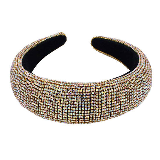 AB Gold Shiny Rhinestone Pave Headband, soft, shiny padded headband making you feel extra glamorous. Push back your hair with this pretty plush Shiny Rhinestone headband, add a pop of color to any plain outfit! Be ready to receive compliments. Be the ultimate trendsetter wearing this chic headband with all your stylish outfits!