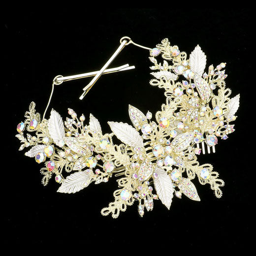 AB Gold Stone Embellished Leaf Cluster Bun Wrap Headpiece. Keep your hairstyle as glamorous as you are with this Stone headpiece! Add spectacular sparkle into your hair do. Perfect for adding just the right amount of shimmer & shine, will add a touch of class, beauty and style to your wedding, prom, special events, embellished flower leaf cluster to keep your hair sparkling all day & all night long. 