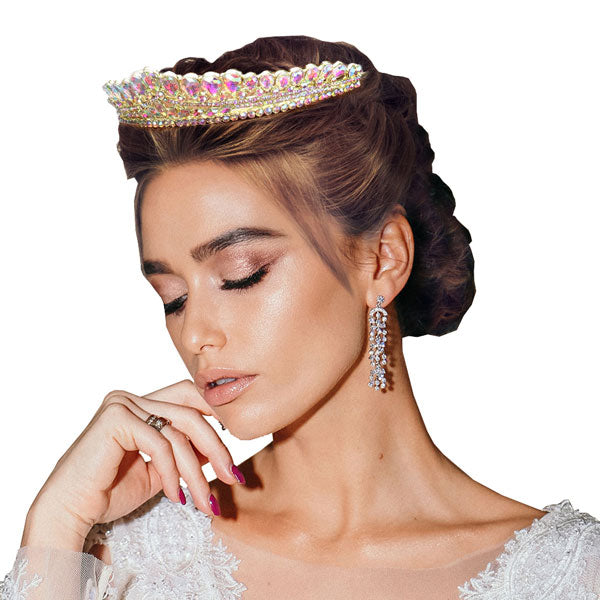 AB Gold Teardrop Cluster Detailed Princess Tiara. Perfect for adding just the right amount of shimmer & shine, will add a touch of class, beauty and style to your wedding, prom, special events, embellished glass crystal to keep your hair sparkling all day & all night long.